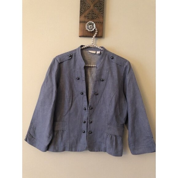Chicos Size 1 Sargeant Chic Salyta Military Style Linen Jacket Chambray Blue - Picture 1 of 6